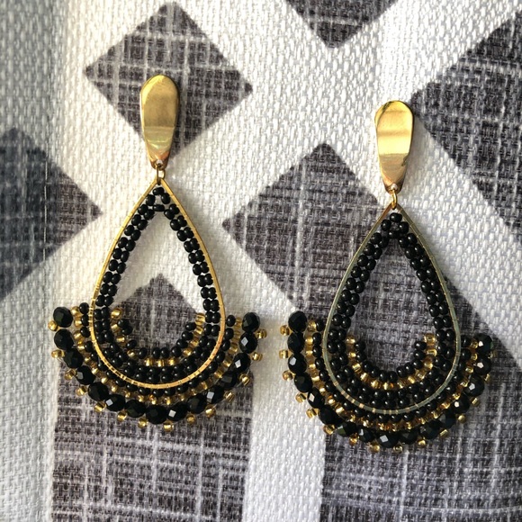 Gold teardrop earrings with black & gold beads - Picture 2 of 5